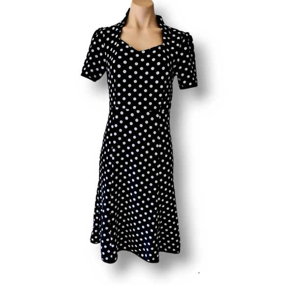 Retro-style black short sleeve white polka dot midi dress AU 10 12 14 NWOT - Picture 5 of 8